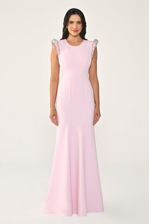 Stone-Embellished Fishtail Crepe Long Dress with Padded Shoulders