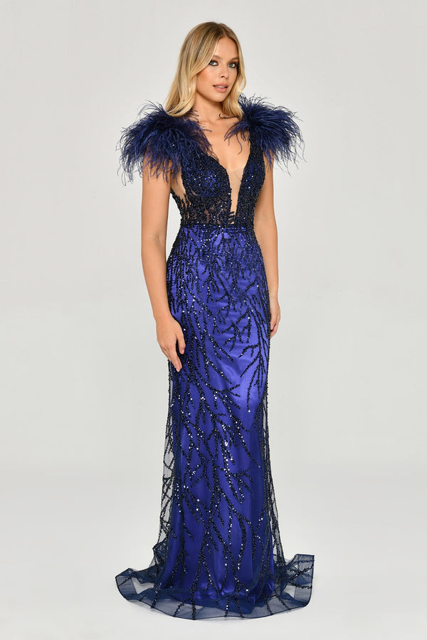 Long Dress with Shoulder Ruffles and Stones