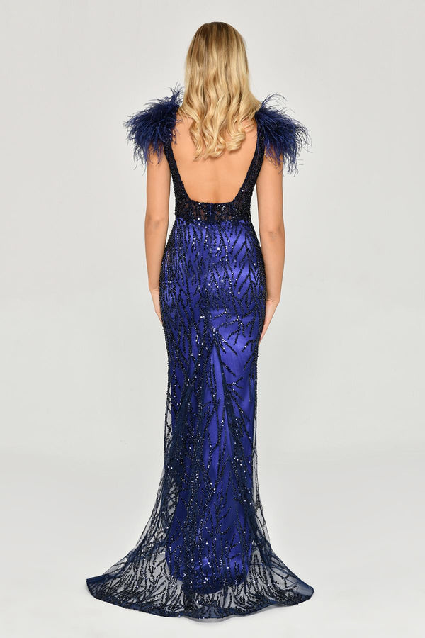 Long Dress with Shoulder Ruffles and Stones