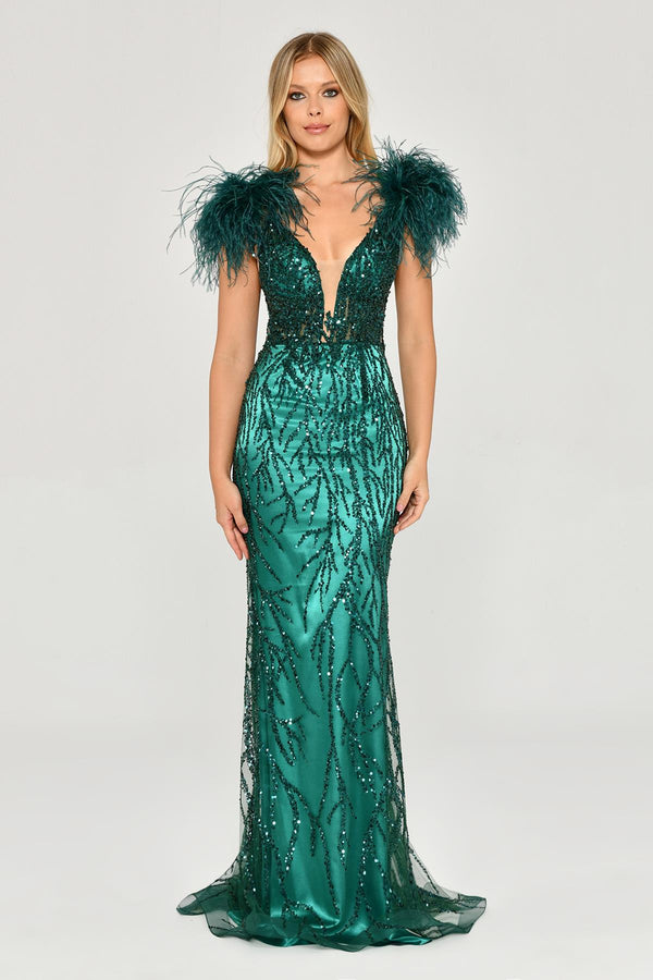 Long Dress with Shoulder Ruffles and Stones