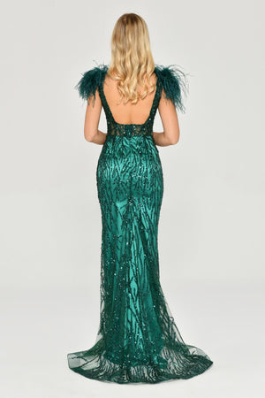 Long Dress with Shoulder Ruffles and Stones