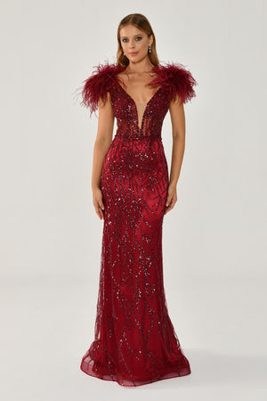 Long Dress with Shoulder Ruffles and Stones