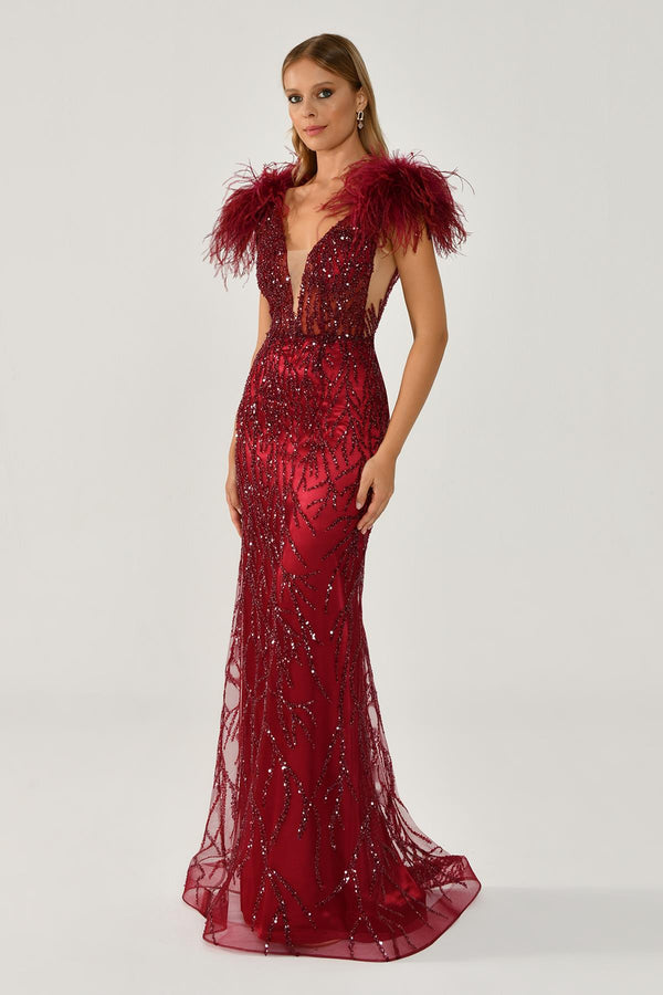 Long Dress with Shoulder Ruffles and Stones