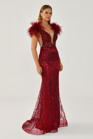 Long Dress with Shoulder Ruffles and Stones