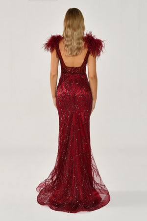 Long Dress with Shoulder Ruffles and Stones