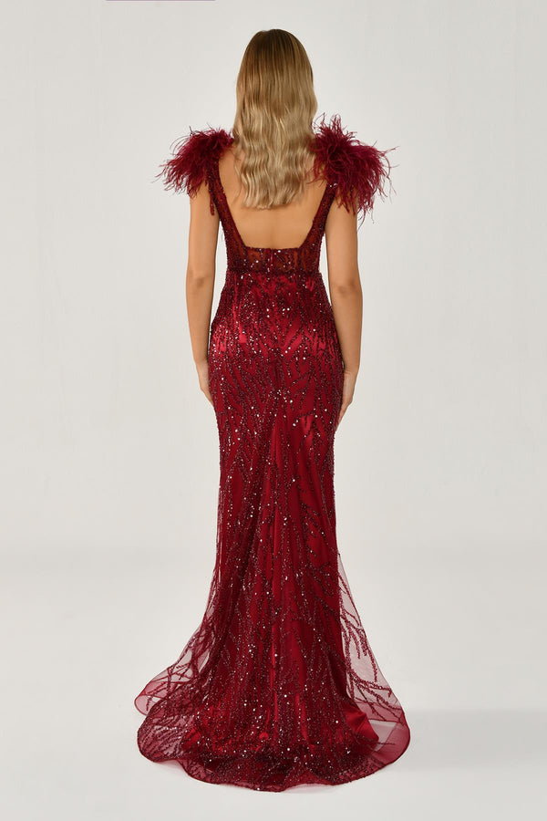 Long Dress with Shoulder Ruffles and Stones