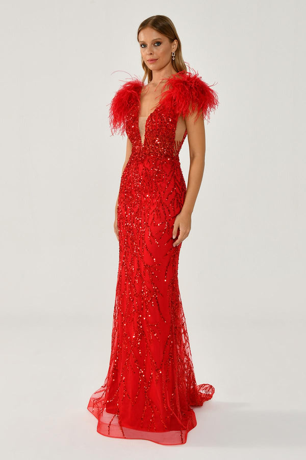 Long Dress with Shoulder Ruffles and Stones