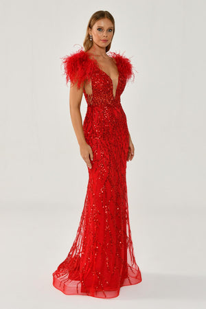 Long Dress with Shoulder Ruffles and Stones