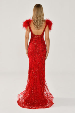 Long Dress with Shoulder Ruffles and Stones