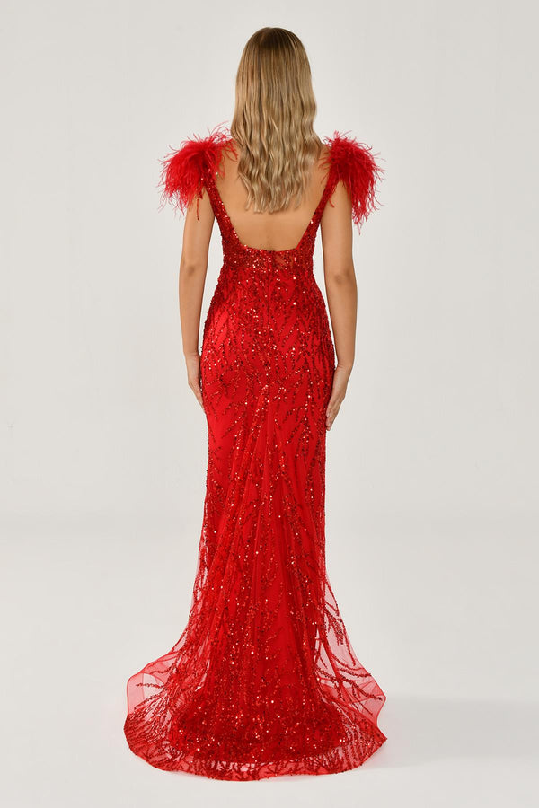 Long Dress with Shoulder Ruffles and Stones