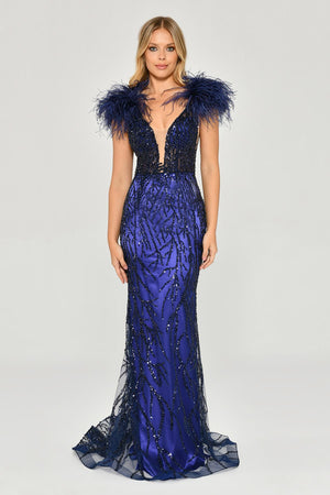 Long Dress with Shoulder Ruffles and Stones