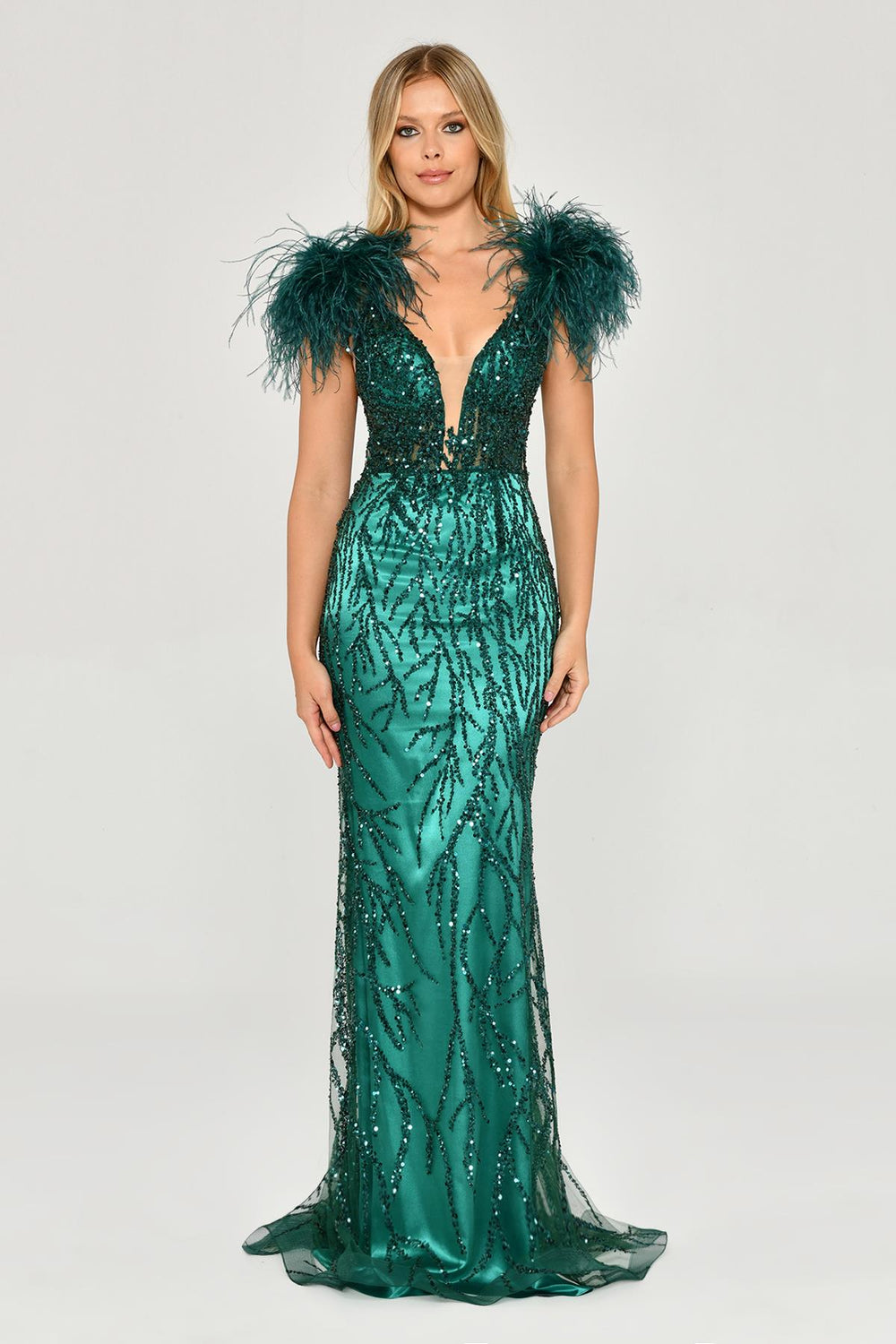 Long Dress with Shoulder Ruffles and Stones
