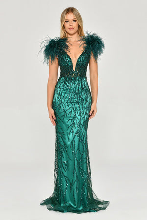 Long Dress with Shoulder Ruffles and Stones