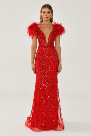 Long Dress with Shoulder Ruffles and Stones