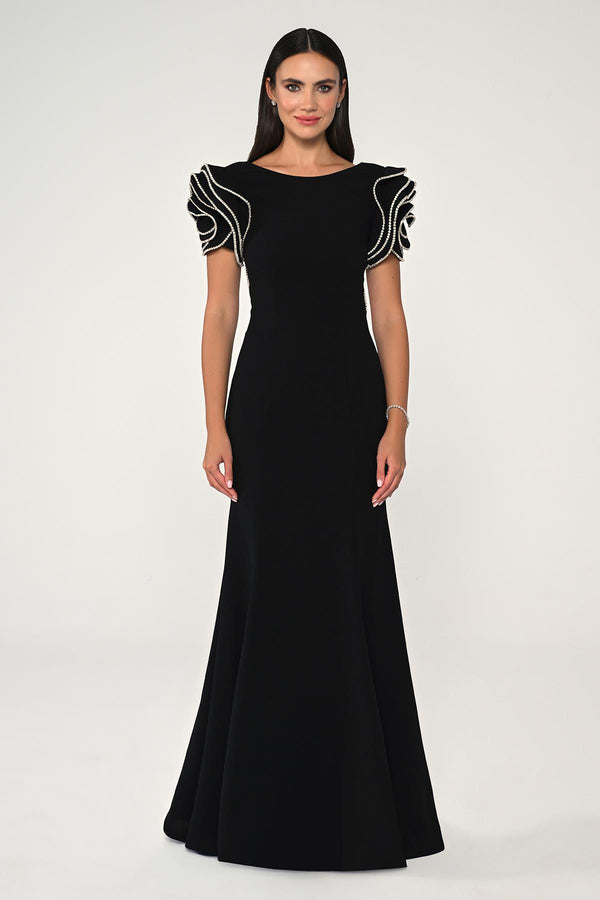 Stone-Shouldered A-Line Crepe Long Dress