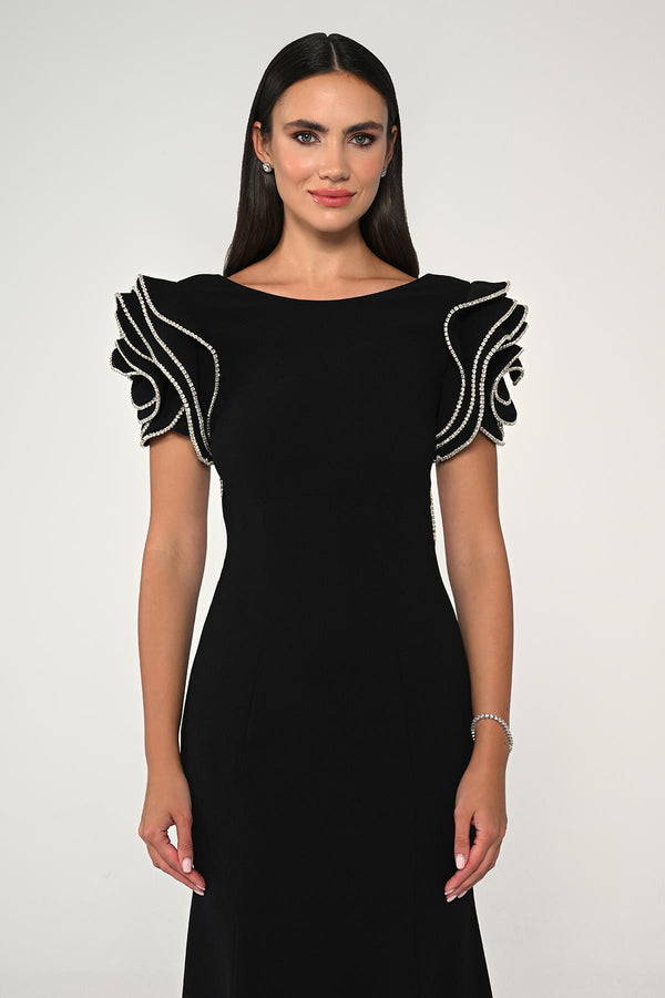 Stone-Shouldered A-Line Crepe Long Dress