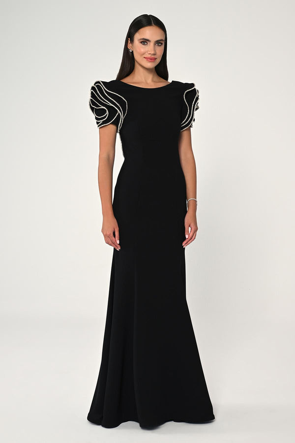 Stone-Shouldered A-Line Crepe Long Dress