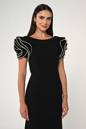 Stone-Shouldered A-Line Crepe Long Dress