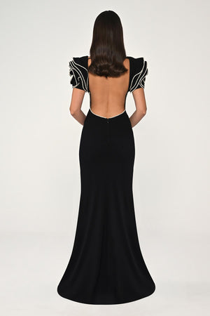 Stone-Shouldered A-Line Crepe Long Dress