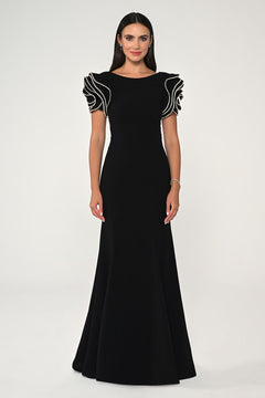 Stone-Shouldered A-Line Crepe Long Dress
