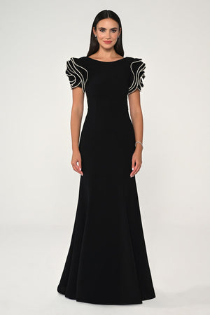 Stone-Shouldered A-Line Crepe Long Dress