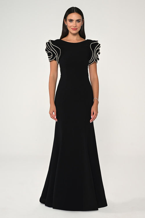 Stone-Shouldered A-Line Crepe Long Dress