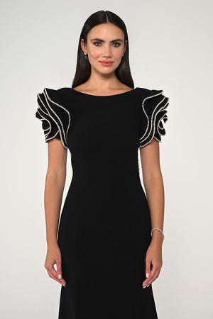 Stone-Shouldered A-Line Crepe Long Dress