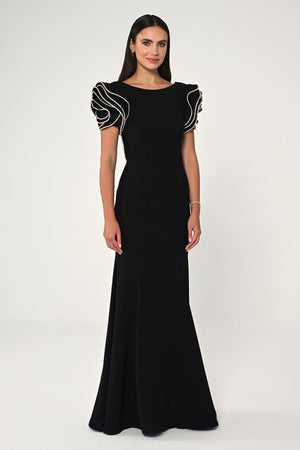 Stone-Shouldered A-Line Crepe Long Dress