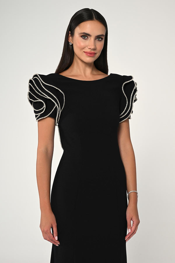 Stone-Shouldered A-Line Crepe Long Dress