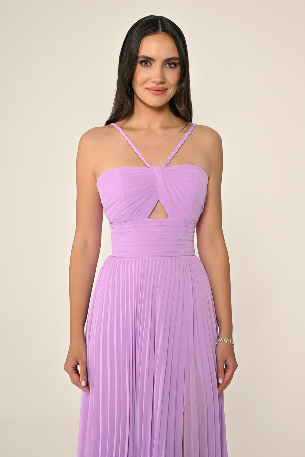 Pleated Chiffon Long Dress with Knitted Straps