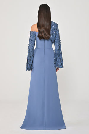 Sequin Sleeve Bolero Front Button Crepe Long Dress