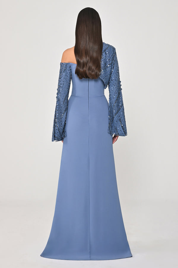 Sequin Sleeve Bolero Front Button Crepe Long Dress