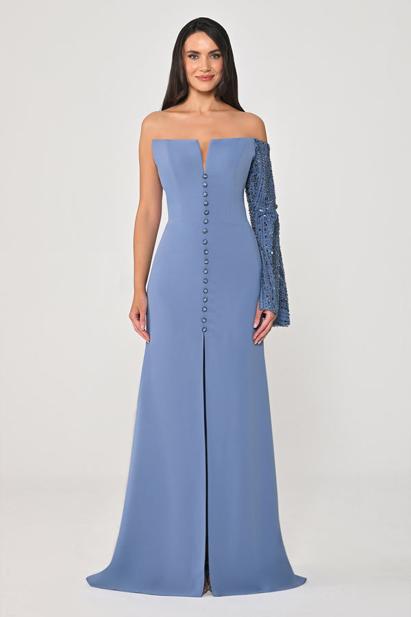 Sequin Sleeve Bolero Front Button Crepe Long Dress