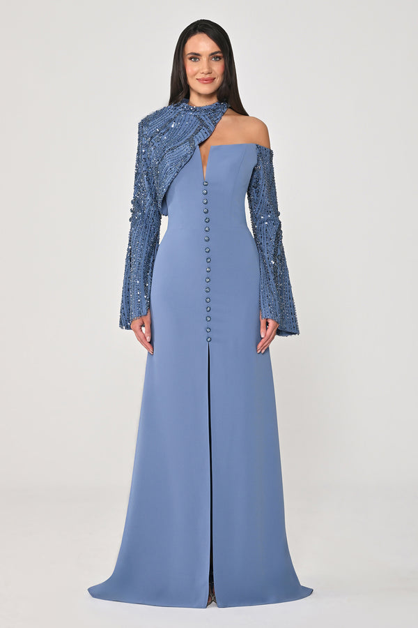 Sequin Sleeve Bolero Front Button Crepe Long Dress