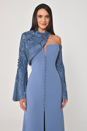 Sequin Sleeve Bolero Front Button Crepe Long Dress