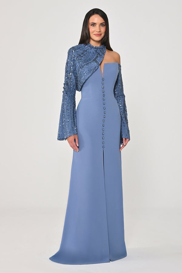Sequin Sleeve Bolero Front Button Crepe Long Dress