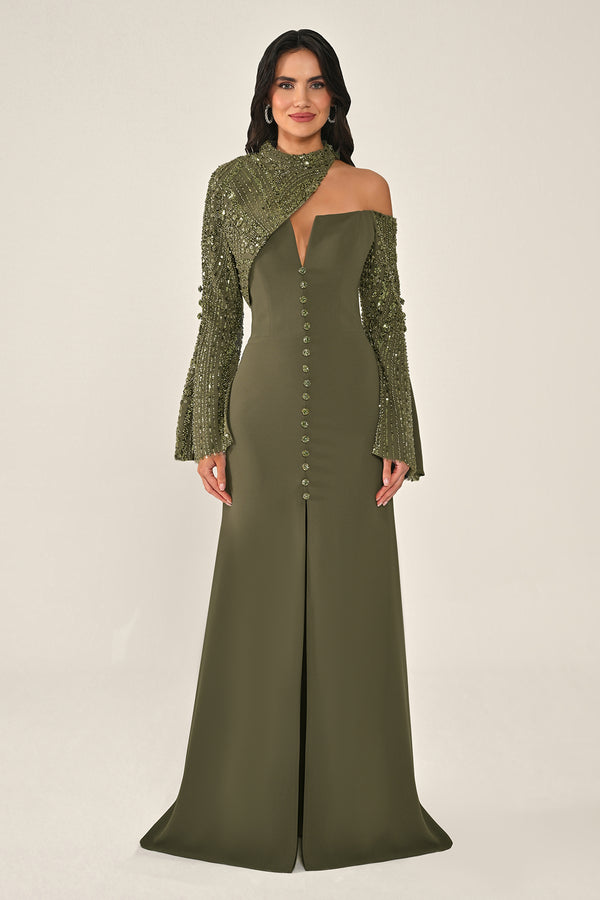 Sequin Sleeve Bolero Front Button Crepe Long Dress