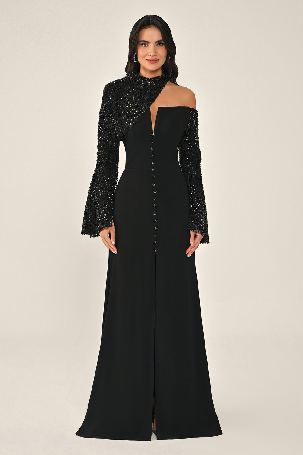 Sequin Sleeve Bolero Front Button Crepe Long Dress