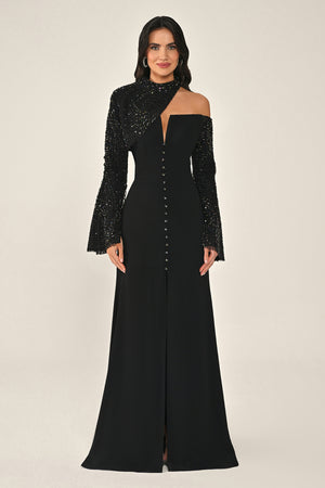 Sequin Sleeve Bolero Front Button Crepe Long Dress
