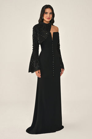 Sequin Sleeve Bolero Front Button Crepe Long Dress