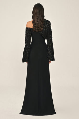 Sequin Sleeve Bolero Front Button Crepe Long Dress