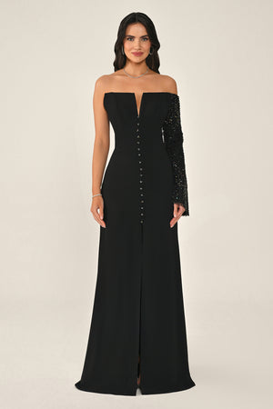 Sequin Sleeve Bolero Front Button Crepe Long Dress