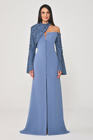 Sequin Sleeve Bolero Front Button Crepe Long Dress