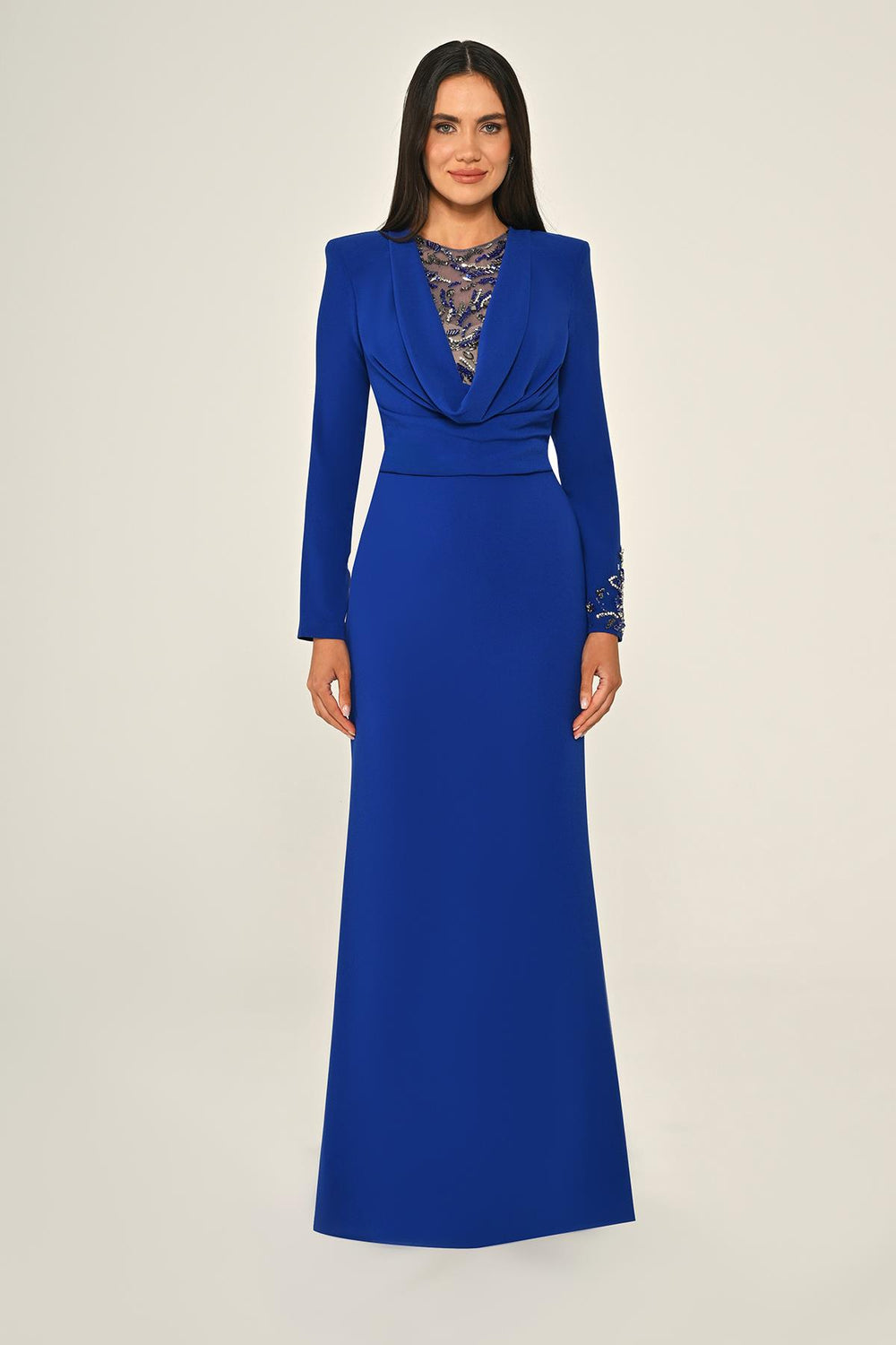 Sequin Cowl Neck Crepe Maxi Dress