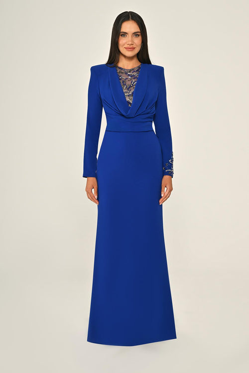 Sequin Cowl Neck Crepe Maxi Dress