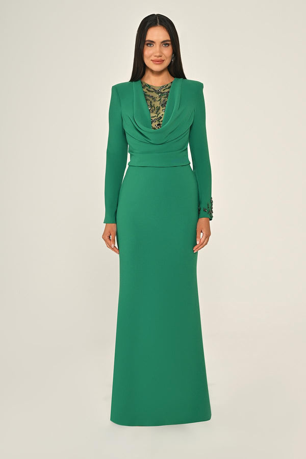 Sequin Cowl Neck Crepe Maxi Dress