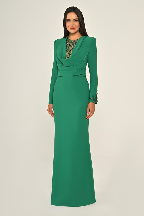 Sequin Cowl Neck Crepe Maxi Dress