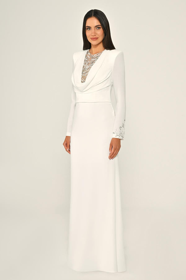 Sequin Cowl Neck Crepe Maxi Dress