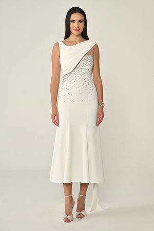 Crepe Midi Dress with Shawl Accessory and Stones