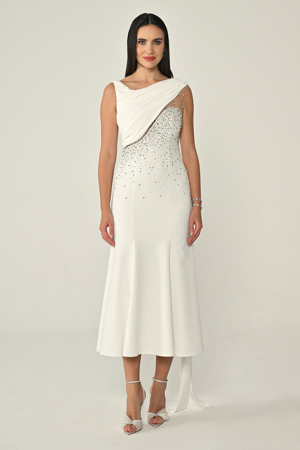 Crepe Midi Dress with Shawl Accessory and Stones